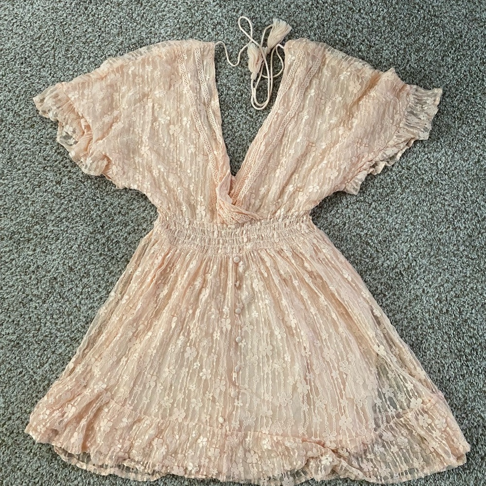 Sheer Lace Flutter Sleeve Mini Dress - Blush Pink